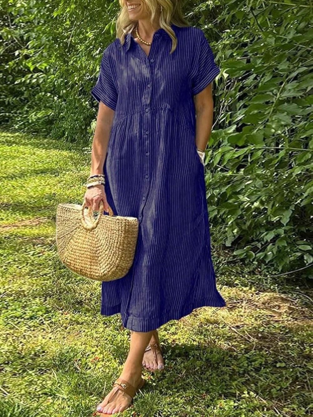 Chouyatou Button-Front Navy Stripe Midi Shirt Dress 100%Cotton